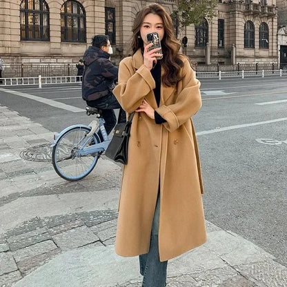 Women'S Blue Korean Style Loose Woolen Coat - Fashion Autumn Winter Outerwear