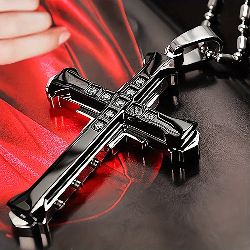 1Pc/ Titanium Alloy Cross Pendant Necklace Inlaid With Zircon Man, Cla