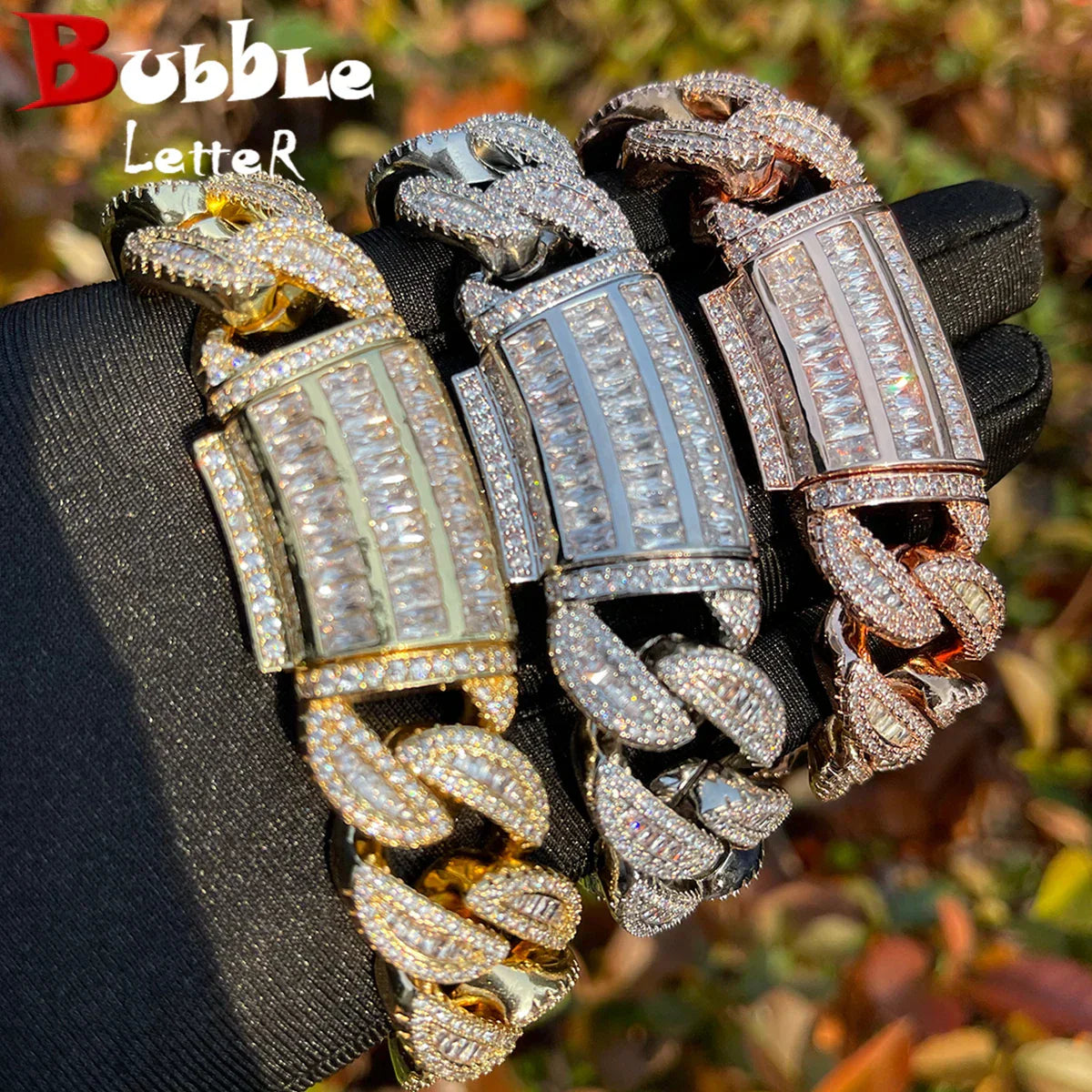 Bubble Letter Baguette Cuban Link Bracelet For Men'S Iced Out Prong Setting Necklace Choker Real Gold Plated Hip Hop Jewelry