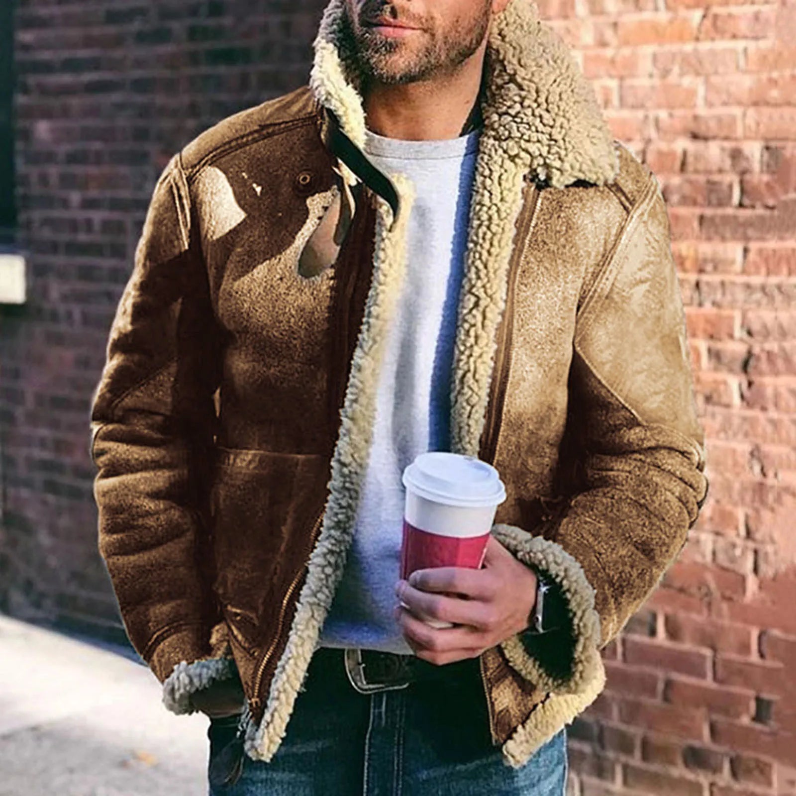 Men'S Casual Plush Jacket Solid Color Zipper Wool Warm Long Sleeve Turn-Down Collar Coat Jacket With Pockets