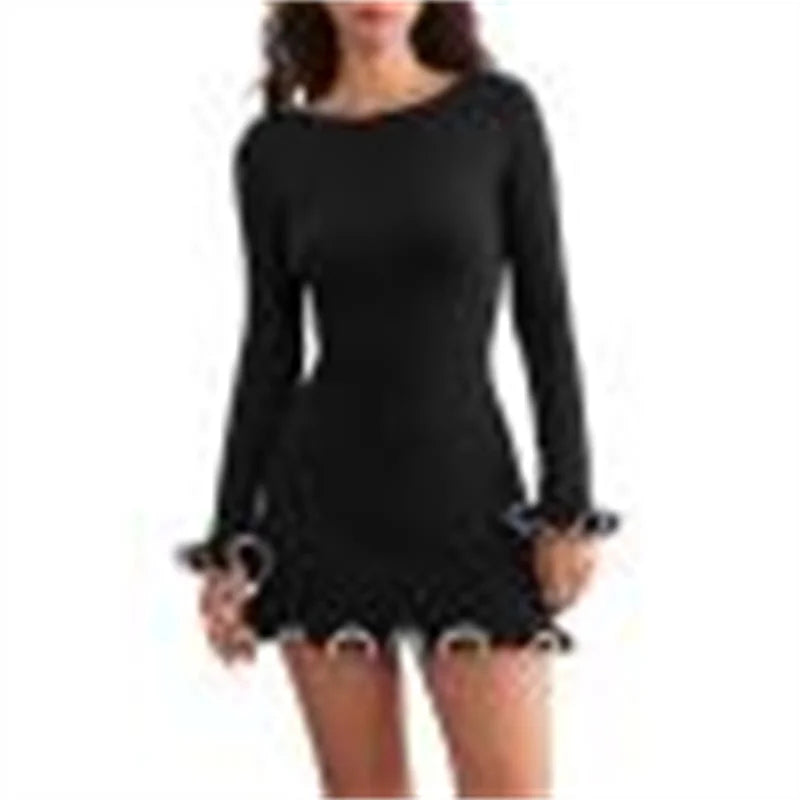 Elegant Ruffle Mini Dress for Women 2024 Round Neck Long Sleeve Short Bodycon Party Dress Female Autumn