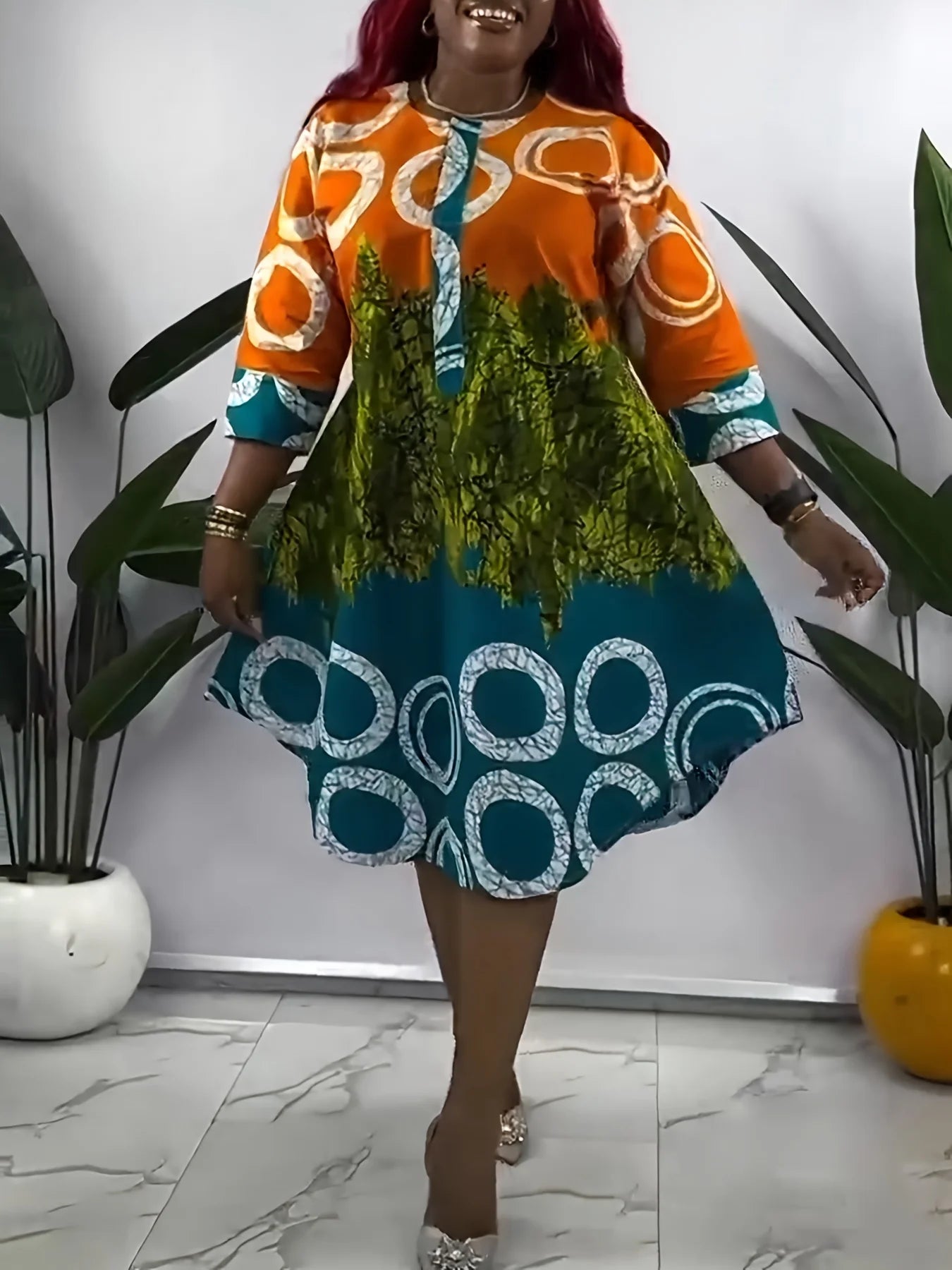 Plus-Sized American-Style Three-Quarter Sleeve Dress With 3D Button De