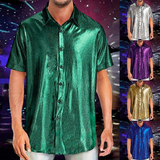 Men's Shiny Sequins Shirt Fashion Men's Performance Shirt Turn-Down Collar Short Sleeved Shirts For Club Party Disco Stage Show