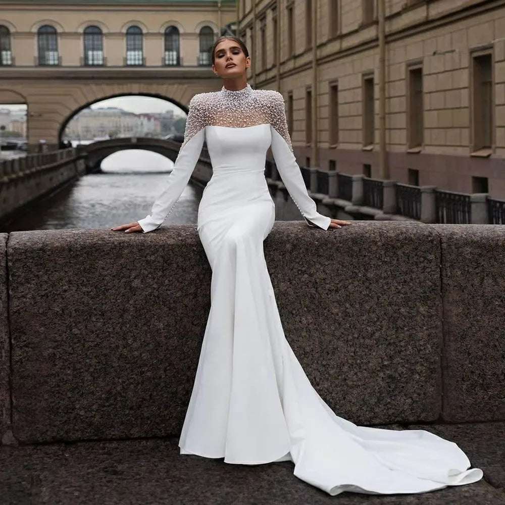 Customzied 2025Mermaid Wedding Dresses Long Sleeve Church Sweeping Train Pearl Turtle Neck Women Bridal Gowns for Formal Occas