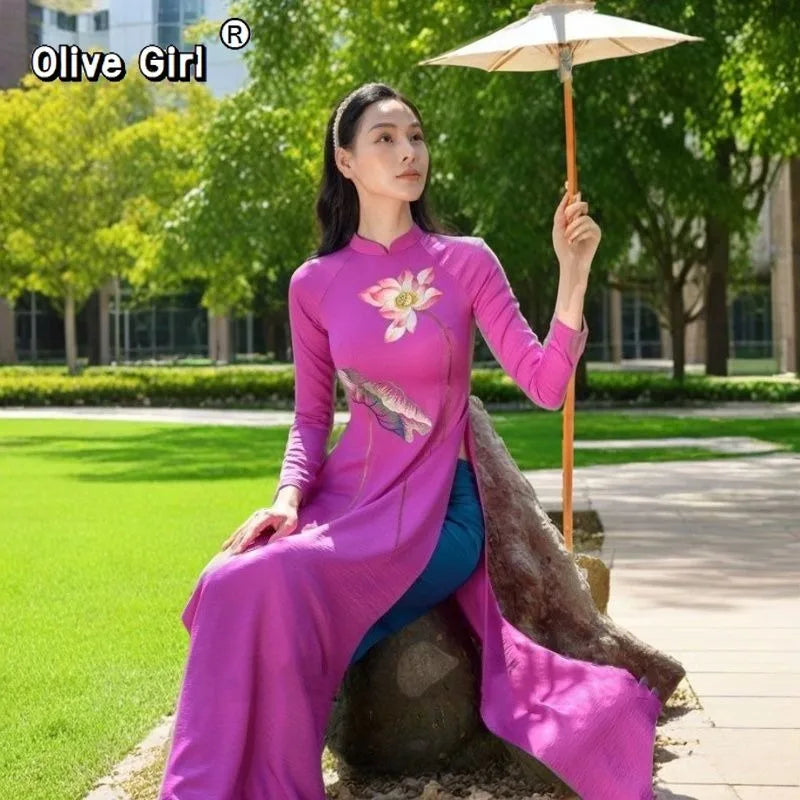 Olivegirl Aodai Vietnamese Traditionally Dress Long Qipao Two-Piece Wide-Leg Pants Cheongsam Aodai Dress Women Clothing