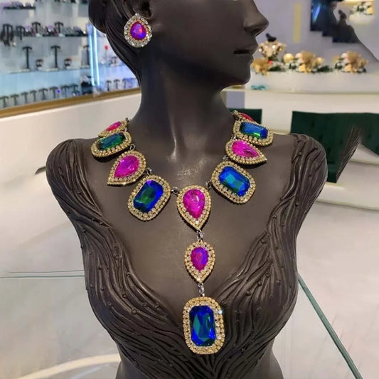 Exaggerated Teardrop Necklace and Earrings Set Bride Jewelry Sets for Women Choker Wedding Dress Fashion Crystal Party