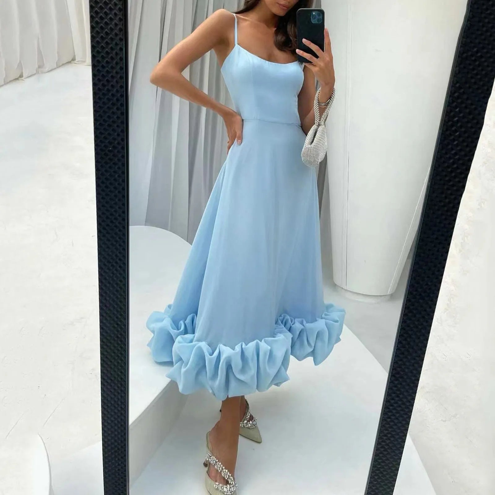 Cute Ruffle Pleated Camisole Dress Women Elegant Sleeveless Backless L