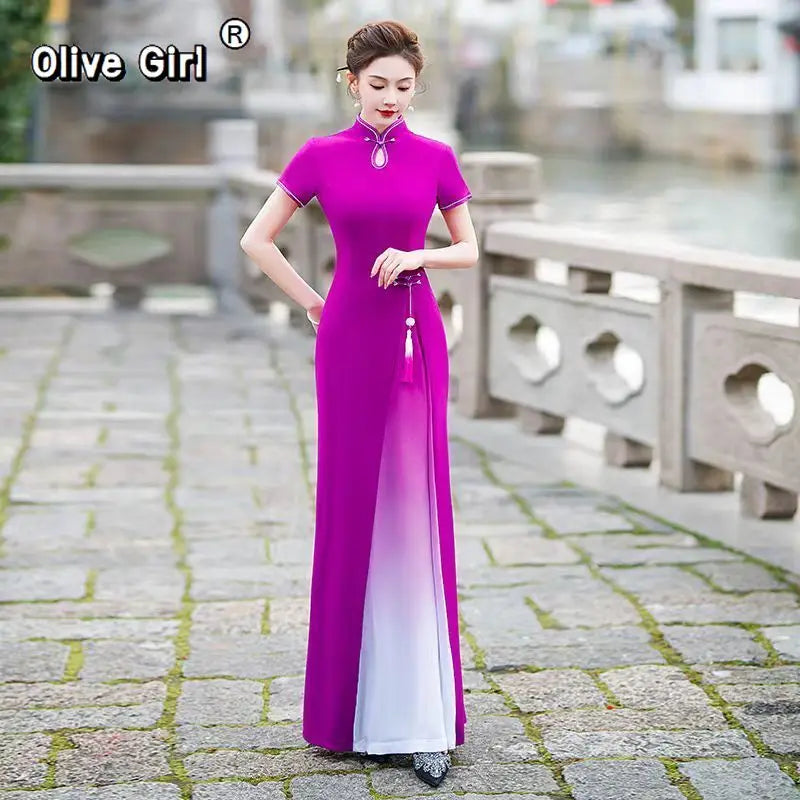 High End Dress Qipao Cheongsam Aodai Vietnamese New Performance Costume Dance Improvement Chinese Stage Long Dress Etiquette