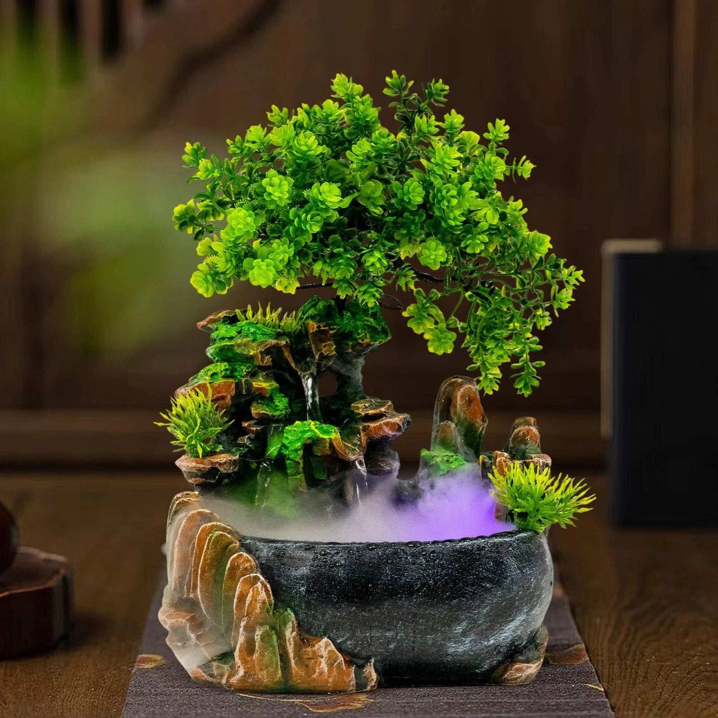 Desktop LED Waterfall Fountain Artificial Mountain Scenery Resin Bonsai Tree Office Tabletop Ornaments
