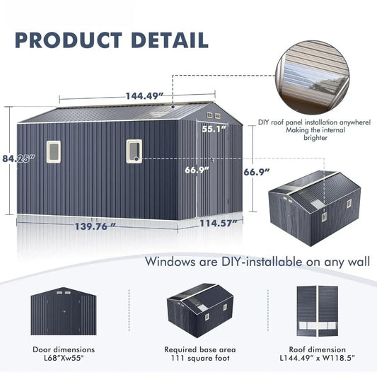 Metal Shed 10x12x7 FT, Sheds Outdoor Storage with Reinforcement, Lighting Tool Sheds with Translucent Roof Panels, Windo