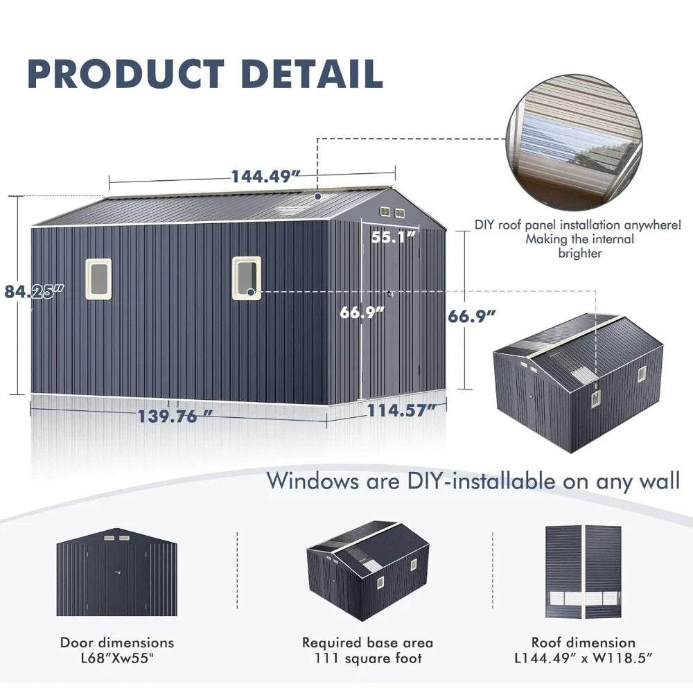 Metal Shed 10x12x7 FT, Sheds Outdoor Storage with Reinforcement, Lighting Tool Sheds with Translucent Roof Panels, Windo