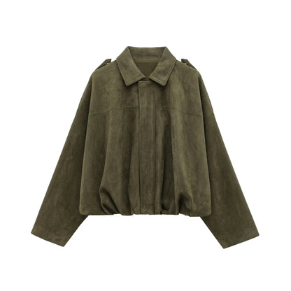 Women'S Brown Green Suede Jacket Loose Casual Bomber Coat Lapel Zipper Long Sleeve Jackets Vintage Lady Motorcycle Outwears
