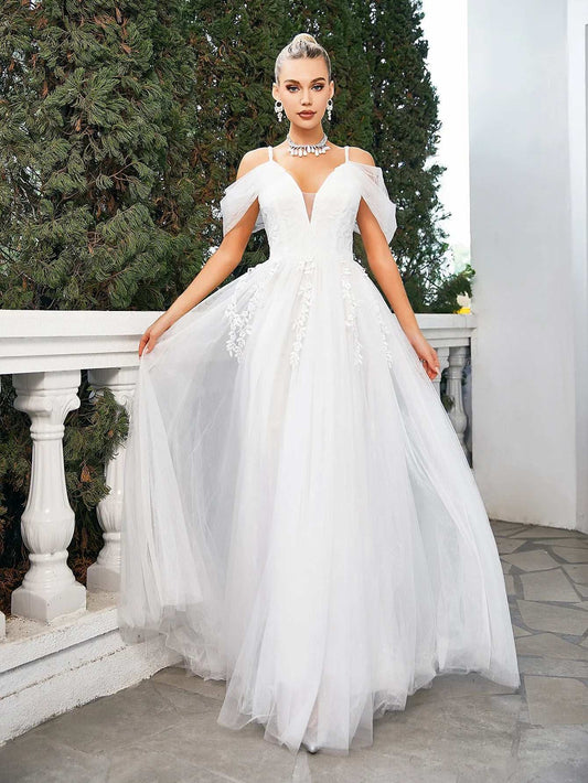 Wedding Dress Flower Lace Embroidery Bride Wedding Maxi Dress White Bridesmaid Tulle Gown Long Dress Evening Party Princess Wear