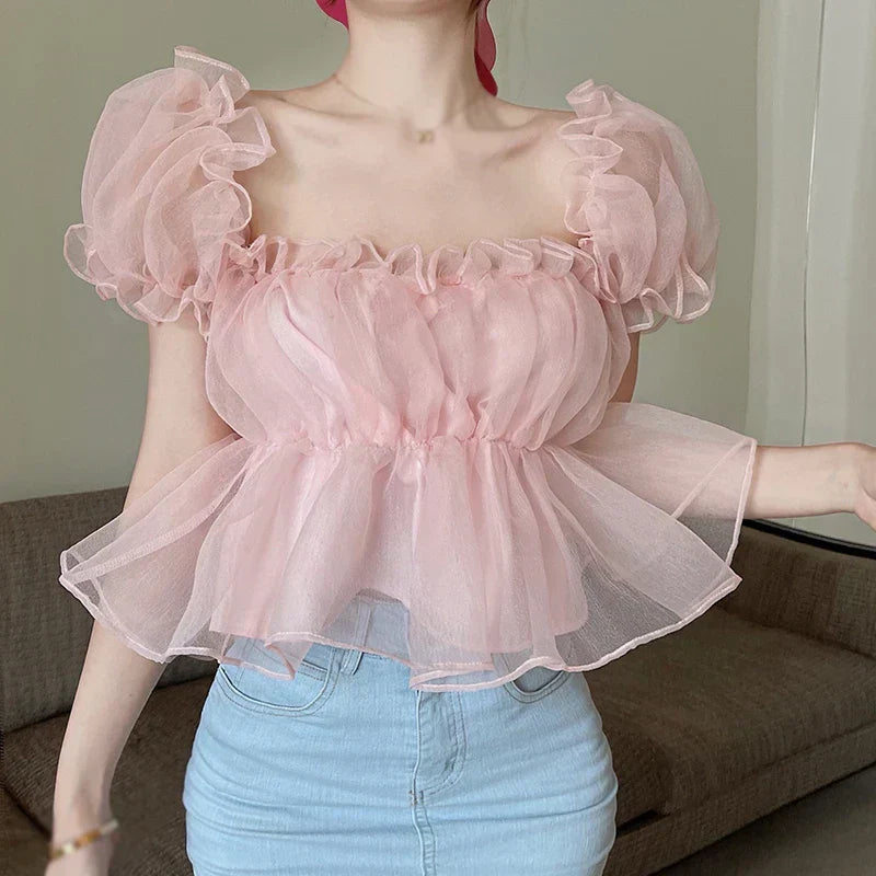 Short Puff Sleeves Blouse Women'S One Shoulder Top Sweet Square Neck Short Sleeve Shirt Female  Chiffon Blouse Tops