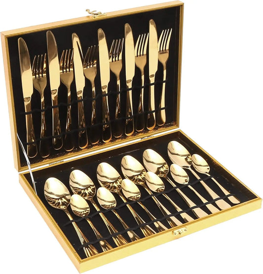24Pcs Stainless Steel Gold Cutlery Set In Gift Box, Durable And Elegant For Dining