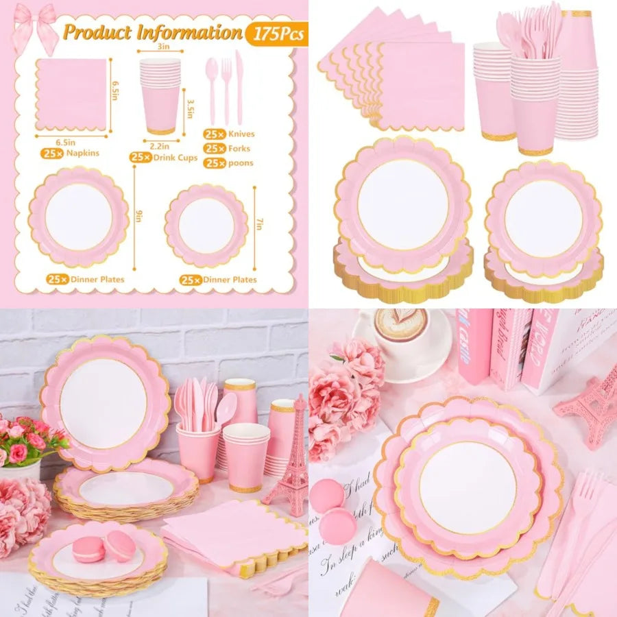 175Pcs Pink Party Supplies Kit Gold Scalloped Tableware Set Disposable Dinnerware Paper Napkin Plate Cup Spoon Fork Knife For 2
