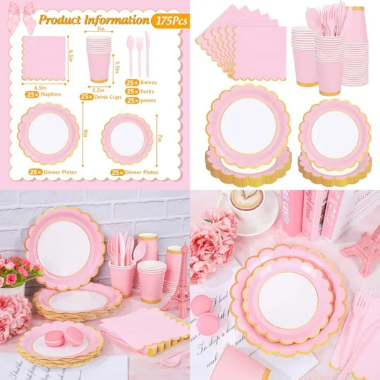 175Pcs Pink Party Supplies Kit Gold Scalloped Tableware Set Disposable Dinnerware Paper Napkin Plate Cup Spoon Fork Knife For 2