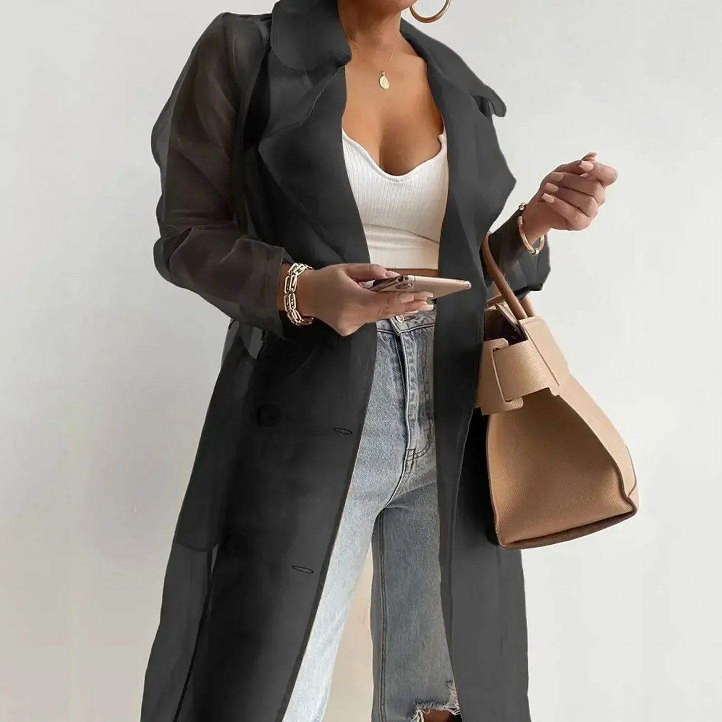 Jackets For Women Mesh Transparent Overcoat Long Sleeve Buttoned Coat With Belt Turndown Collar Light Weight Long Jackets