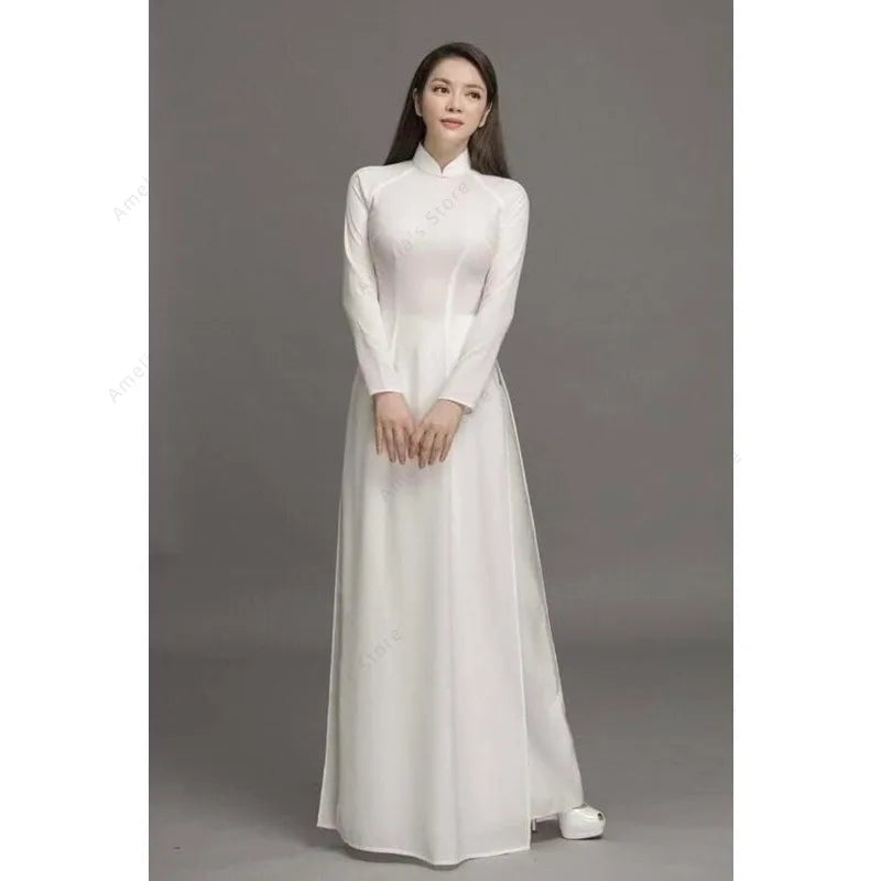 White Ao Dai Vietnamese Chiffon Long Dress With Pants Elegant Traditional Dress For Women Long Sleeve Formal Gown Wedding Party