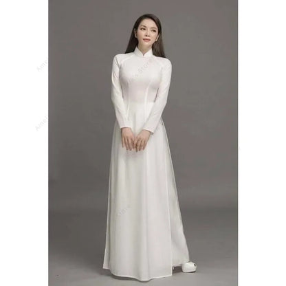 White Ao Dai Vietnamese Chiffon Long Dress With Pants Elegant Traditional Dress For Women Long Sleeve Formal Gown Wedding Party