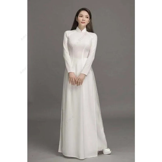 White Ao Dai Vietnamese Chiffon Long Dress With Pants Elegant Traditional Dress For Women Long Sleeve Formal Gown Wedding Party