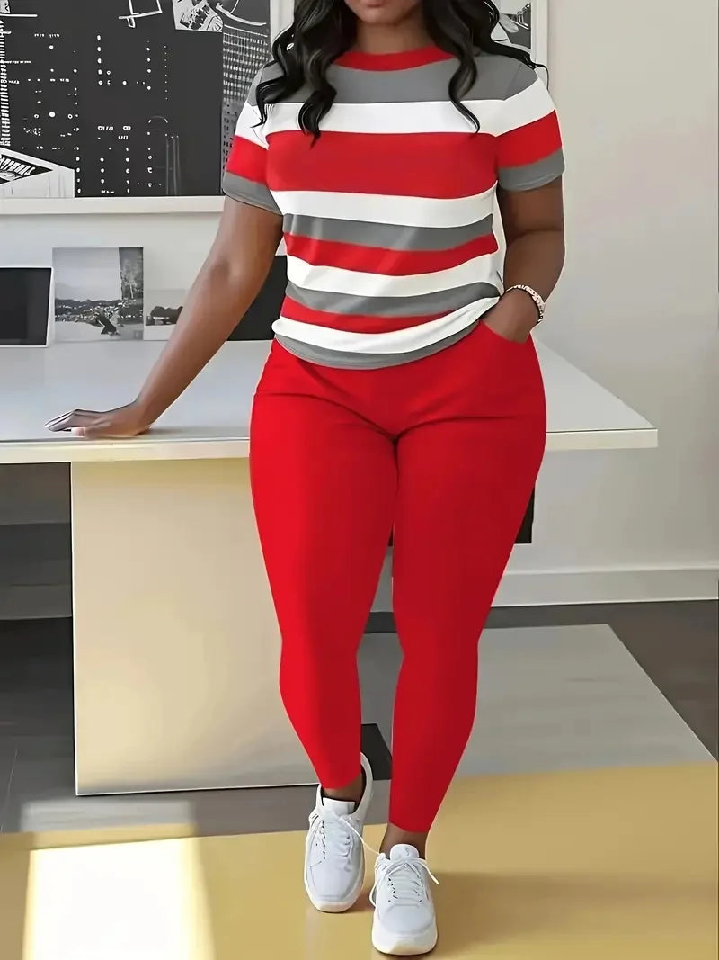 New Fashion Striped Trousers Shorts Plus Size Ladies Suit Round Neck Pocket Ladies Two Piece Set