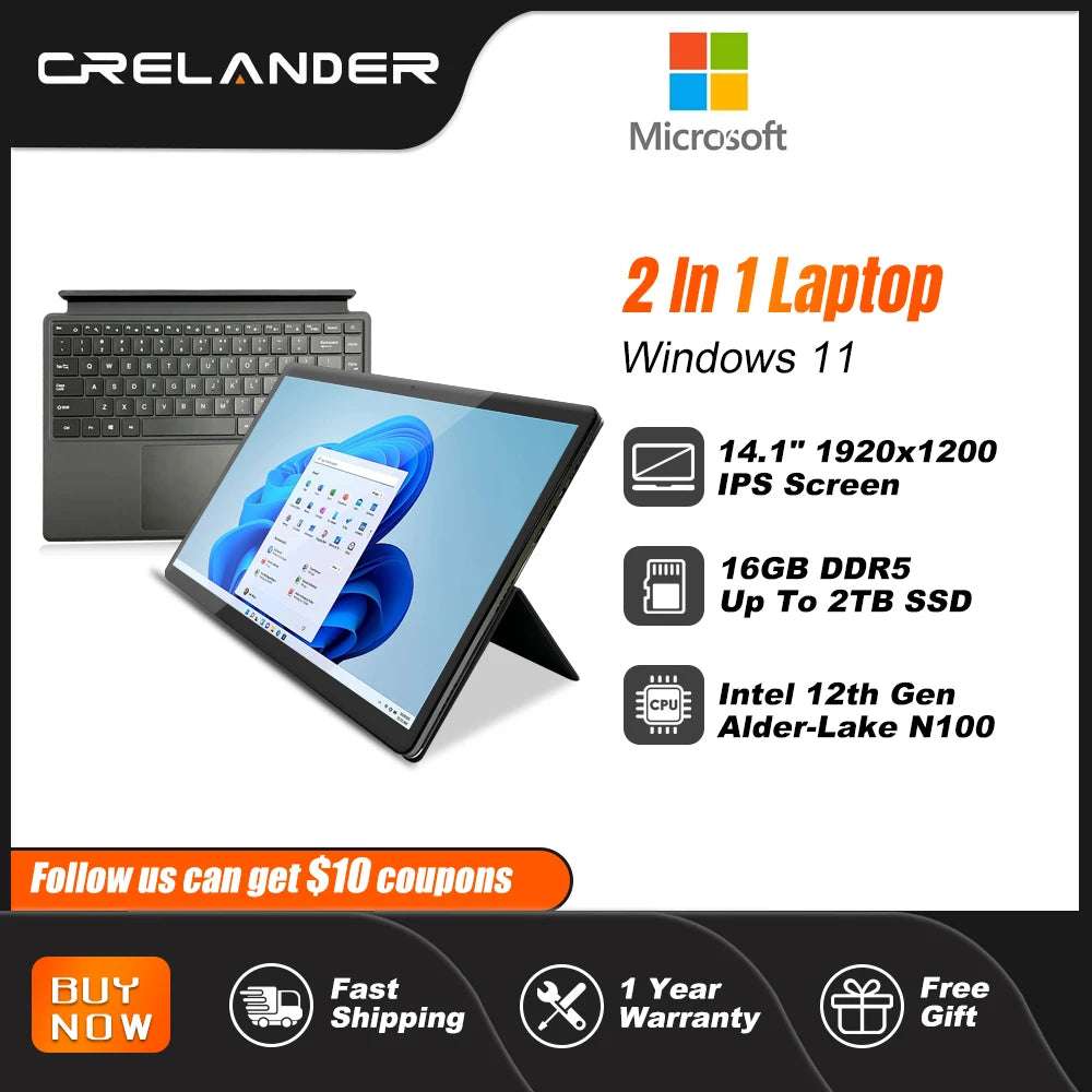 Crelander 14" 2-In-1 Tablet Pc - Intel N100, Windows 11, Rgb Magnetic Keyboard