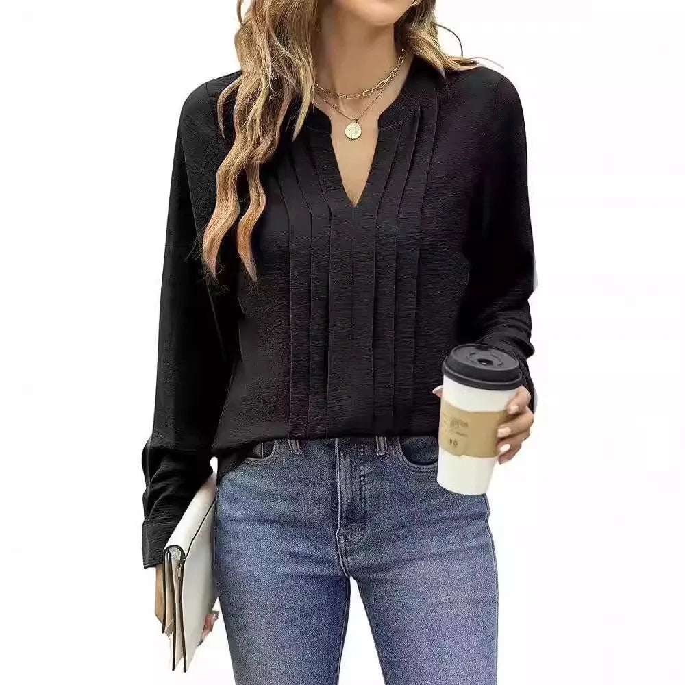 New Women Dressy Casual Blouses Business Work Tops Long Sleeve V Neck Pleated Shirts 2024 Fall Outfits Fashion Loose T-Shirts