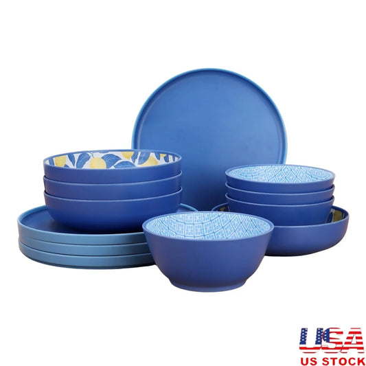 Bamboo Melamine 12-Piece Dinnerware Set Dishwasher Safe Service 4 Family Friendly Dining Plates Bowls Cereal Bowls Vibrant Table