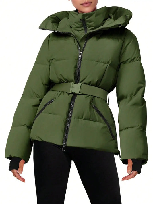 Fisoew Women'S Belted Puffer Jacket - Waterproof Hooded Quilted Ski Coat, 5 Colors, S-Xxl