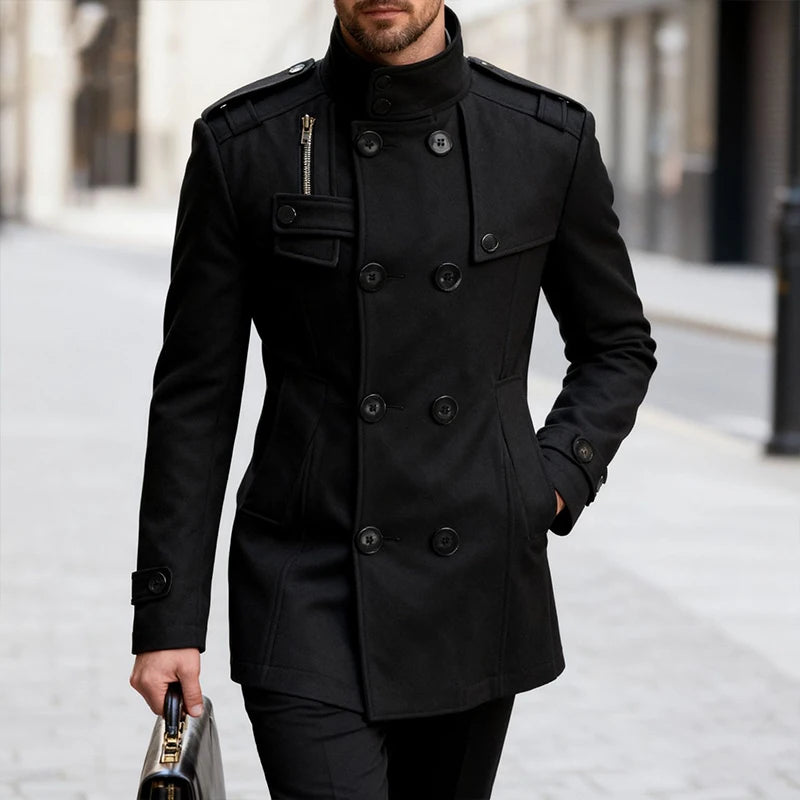 Men'S Double-Breasted Woolen Overcoat - Fashion Solid Color Mid-Length Coat