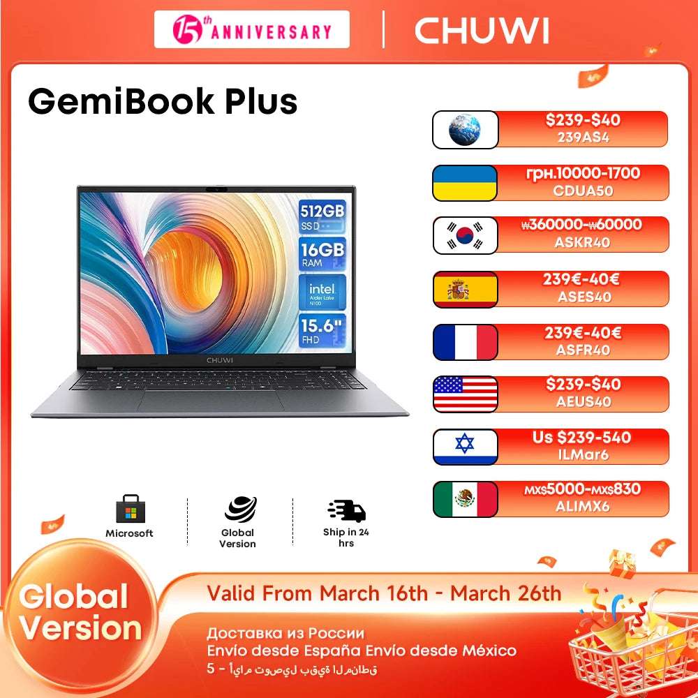 Chuwi Gemibook Plus Laptop 16Gb Lpddr5 512Gb Ssd Intel Alder Lake N100 15.6' Fhd 1920 * 1080 Wifi 6 Windows 11 Laptops