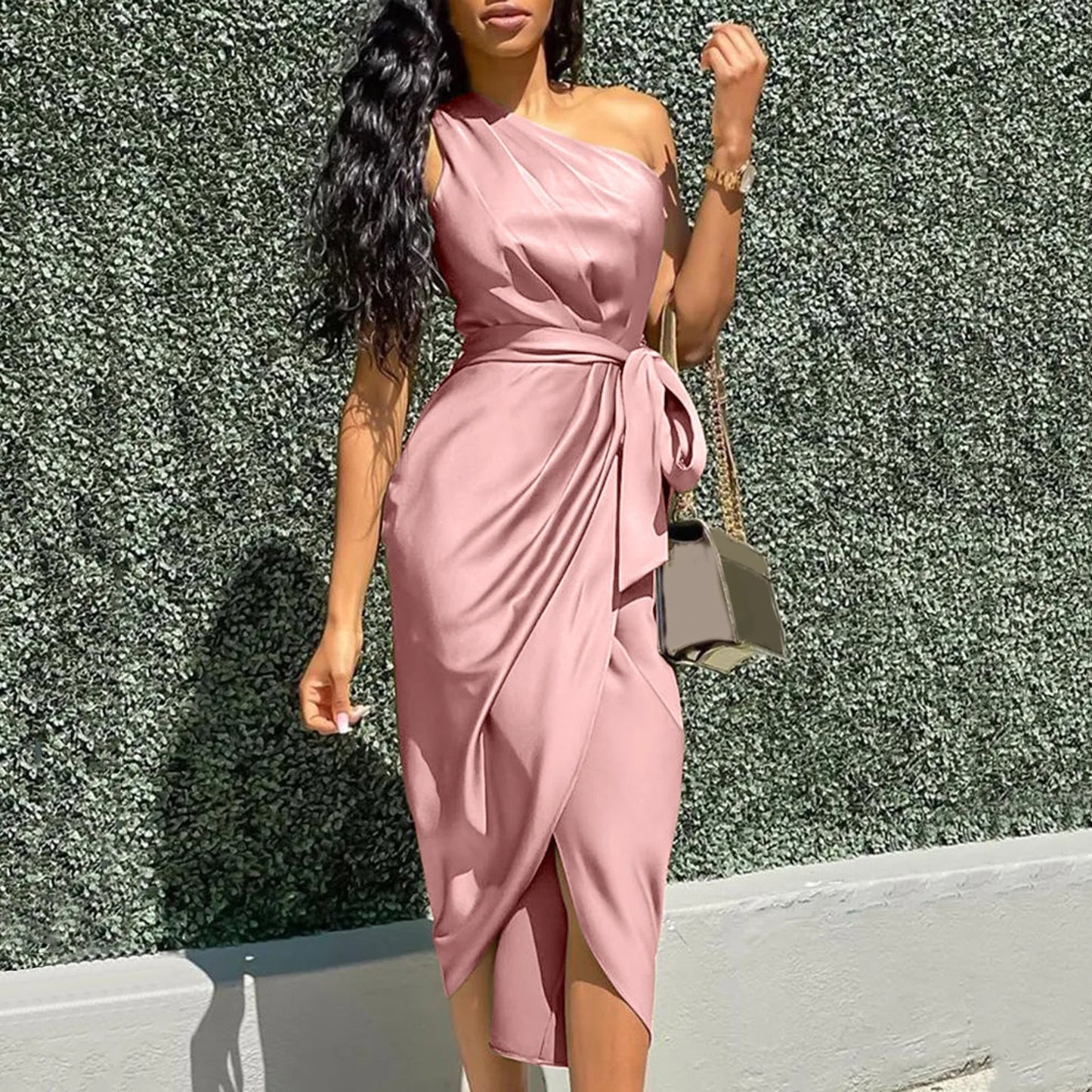 Gorgeous One Shoulder Satin Dress For Women Slit Sleeveless Solid Dresses