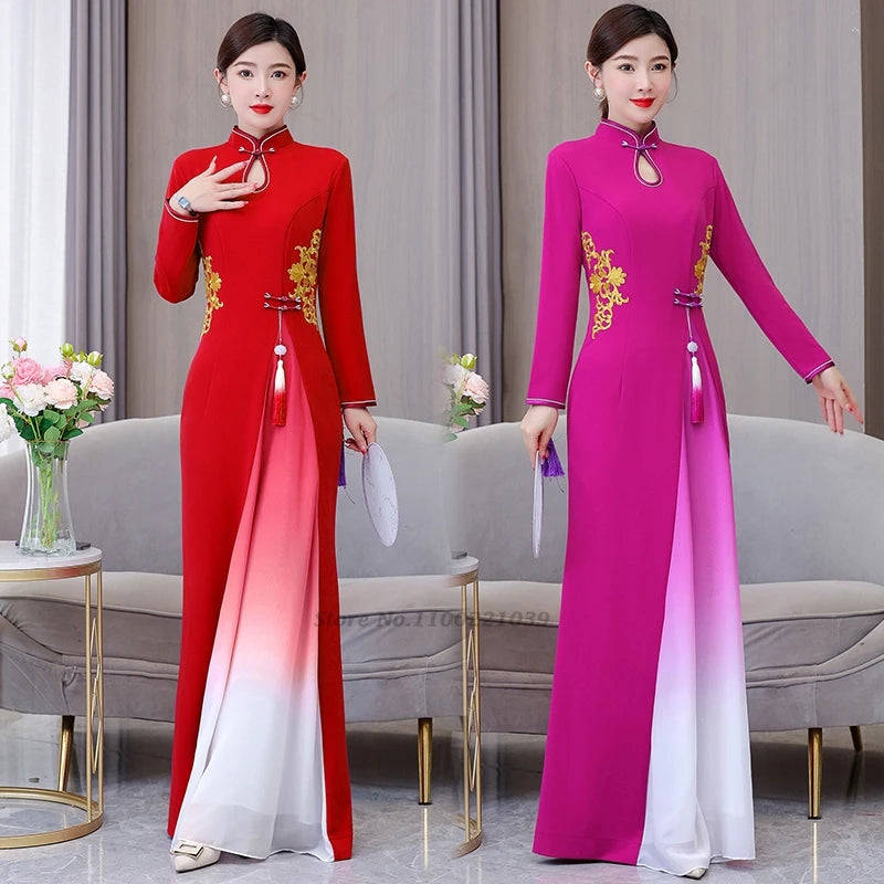 2026 Vietnam Traditional Dress Aodai Chinese Improved Qipao National Flower Embroidery Cheongsam Stage Performance A-Line Dress