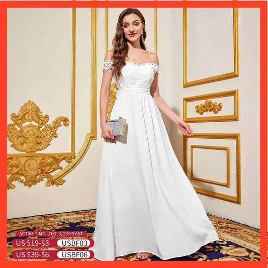 White Wedding Dress Backless Cute Slit Long Party Evening Dresses Luxury V Neck Bridesmaid Dresses Off The Shoulder Prom Dress