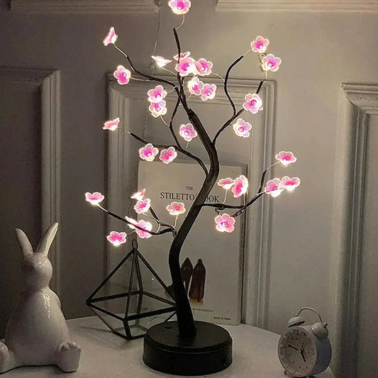 Battery Powered Cherry Blossom Bonsai Tree Night Light - Decorative Artificial Tree Light for Ambience - USB Desk Lamp Enhancing