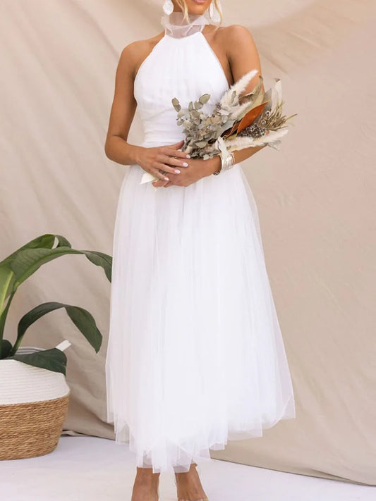 Womens Backless Long Dress Adjustable Tie Halter Neck Tulle High Waist Solid Party Wedding Dress