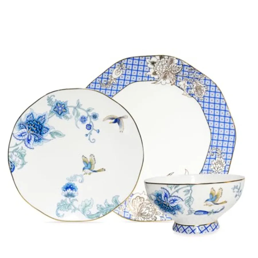 Bone China Dinnerware Sets For 4 12Piece Porcelain Dinnerware Set Blue And White 24K Gold Dinner Plates And Bowl Set For 4 Chri