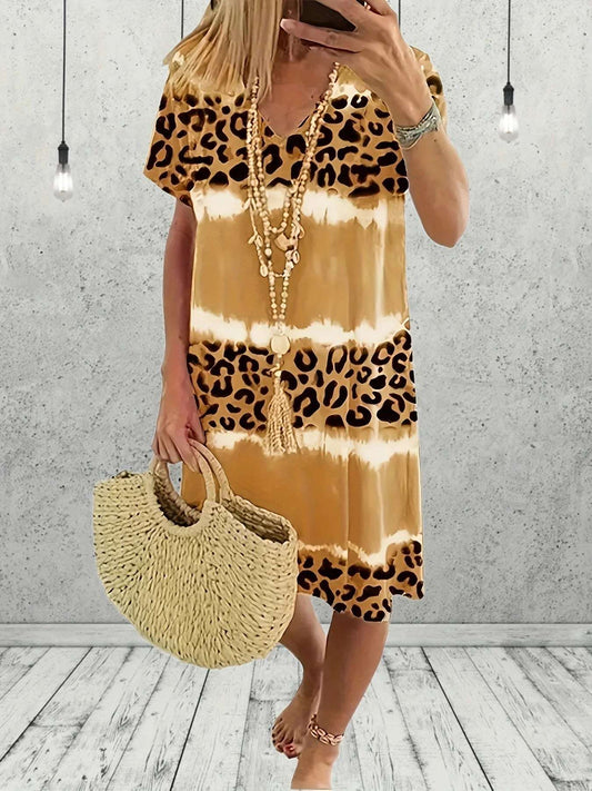 Plus Size WoMen's Leopard Print Bohemian Dress Casual Short Sleeve Dress  Summer Fashion Colour Splicing Midi Dresses