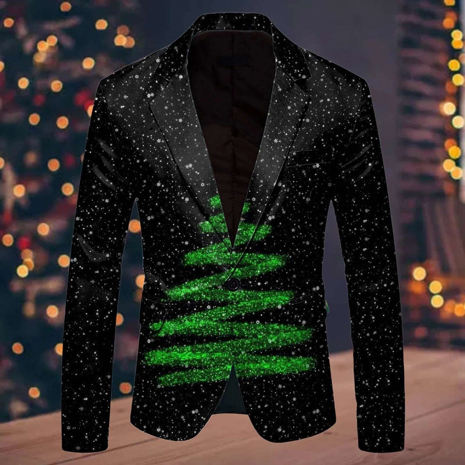 Men Christmas Blazer Snowflake Santa Printed Pocket Lapel Button Suit Coat Autumn Winter Fashion Jacket Suit
