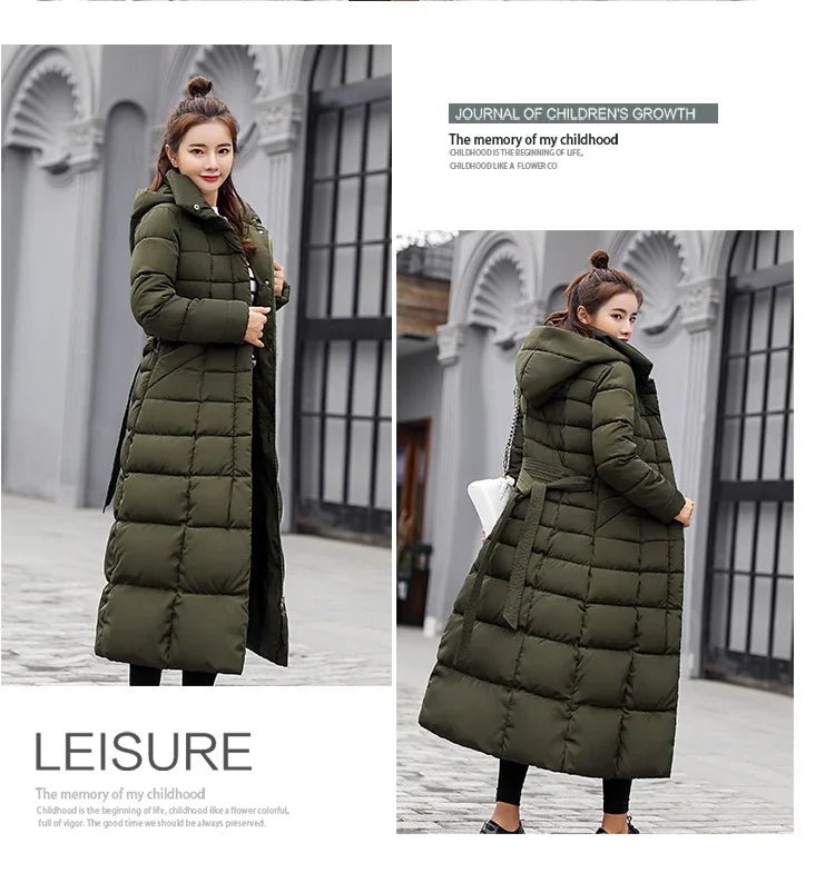 2025 Winter Women Jacket Warm Fashion Comfortable Bow Belt Fox Fur Collar Clothes Long Dress Office Casual Women Thick Coat