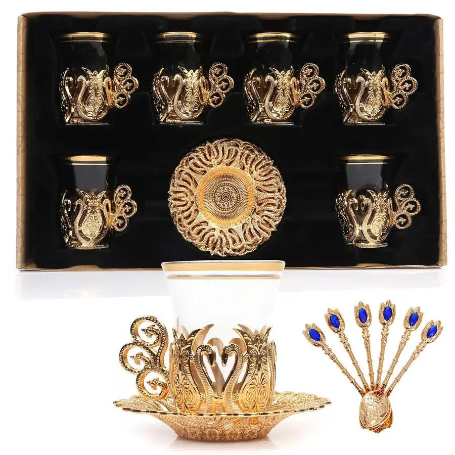 Set Of 6 Handmade Turkish Tea Water Zamzam Serving Set Glasses Saucer And Spoon Ottoman Gold