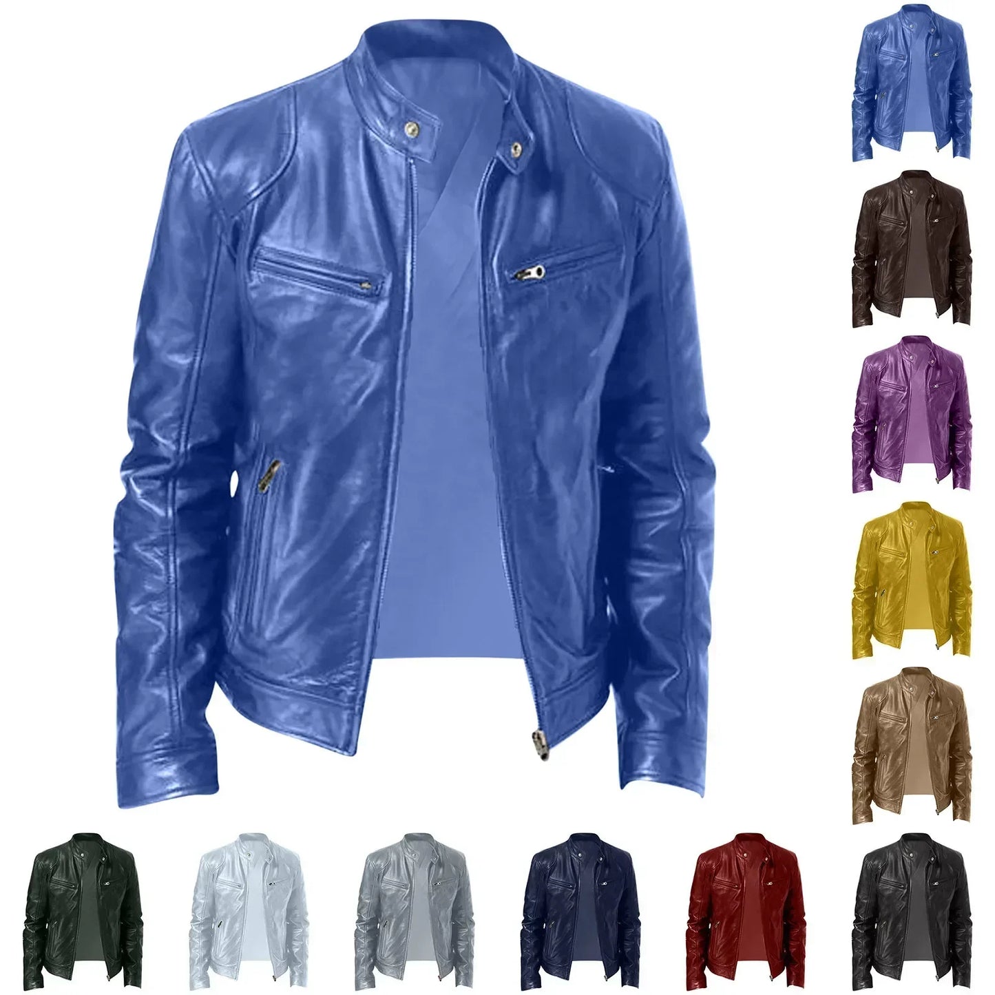 Men'S Faux Leather Motorcycle Jacket  Stand Collar Punk Style, 12 Colors, S5Xl