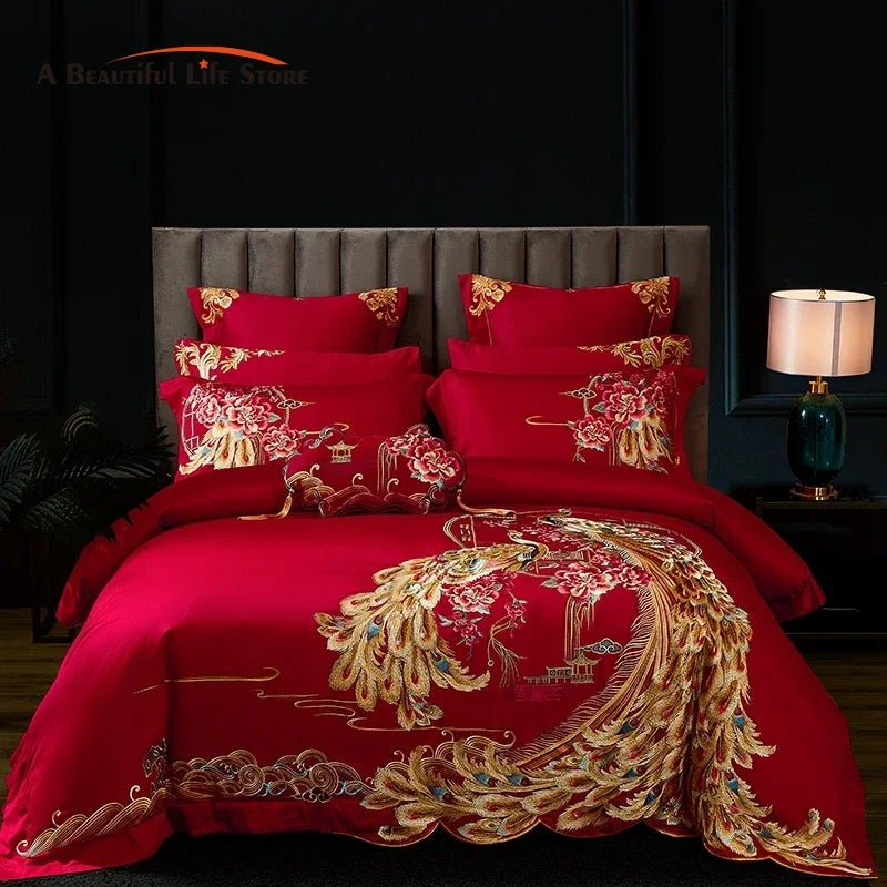 Luxury Gold Phoenix Embroidery Bedding Set, Red Chinese Wedding Style, 100S Egyptian Cotton, Duvet Cover, Bed Sheet, Pillowcases