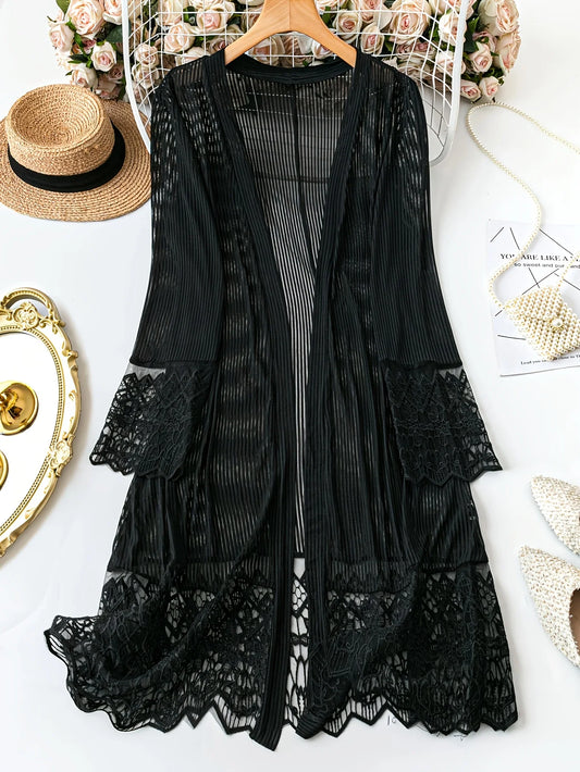 and graceful Women's lace patchwork thin long-sleeved open-front mid-length coat