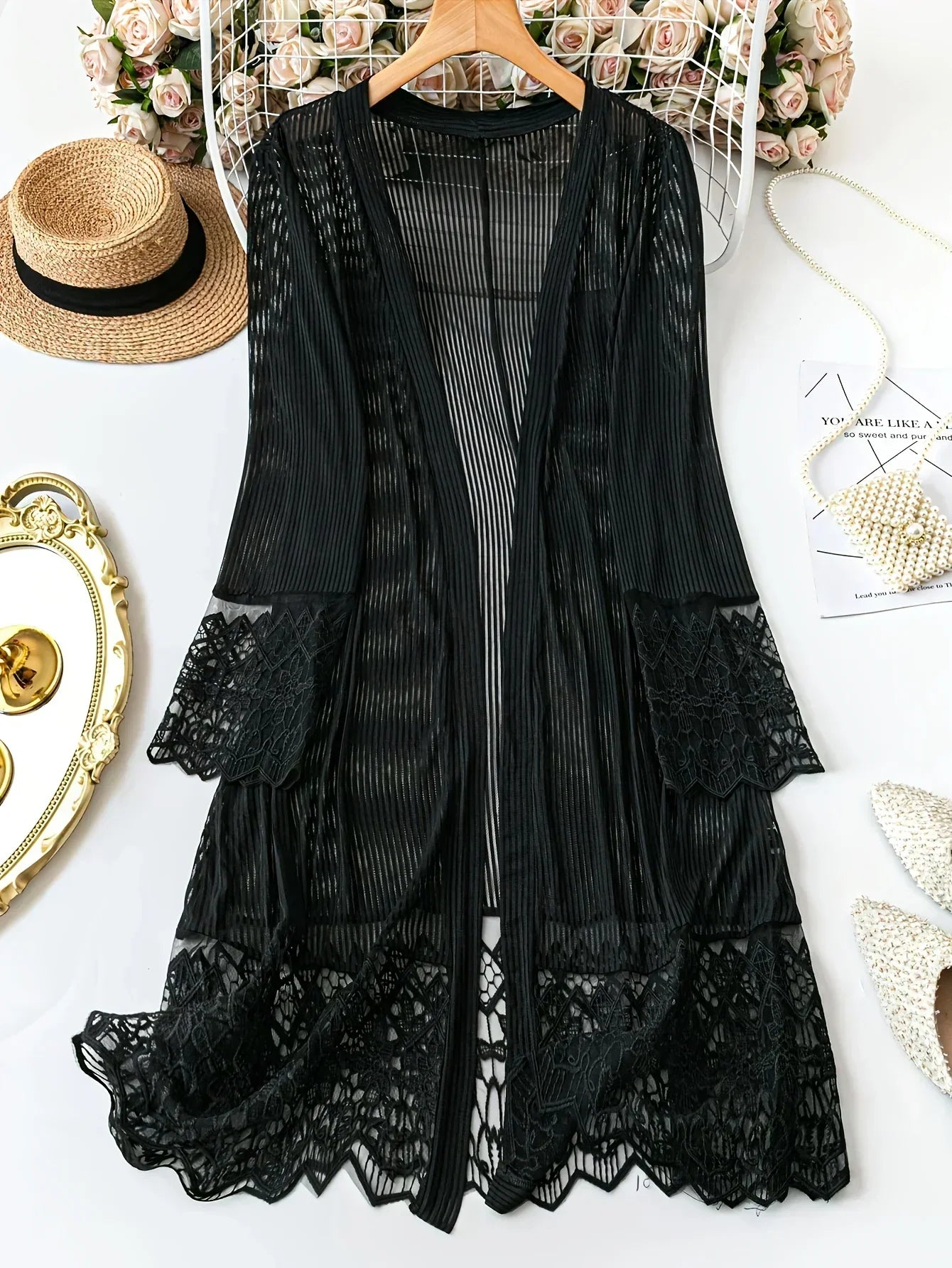 And Graceful Women'S Lace Patchwork Thin Long-Sleeved Open-Front Mid-Length Coat