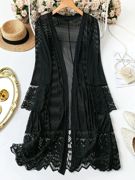 and graceful WoMen's lace patchwork thin long-sleeved open-front mid-length coat