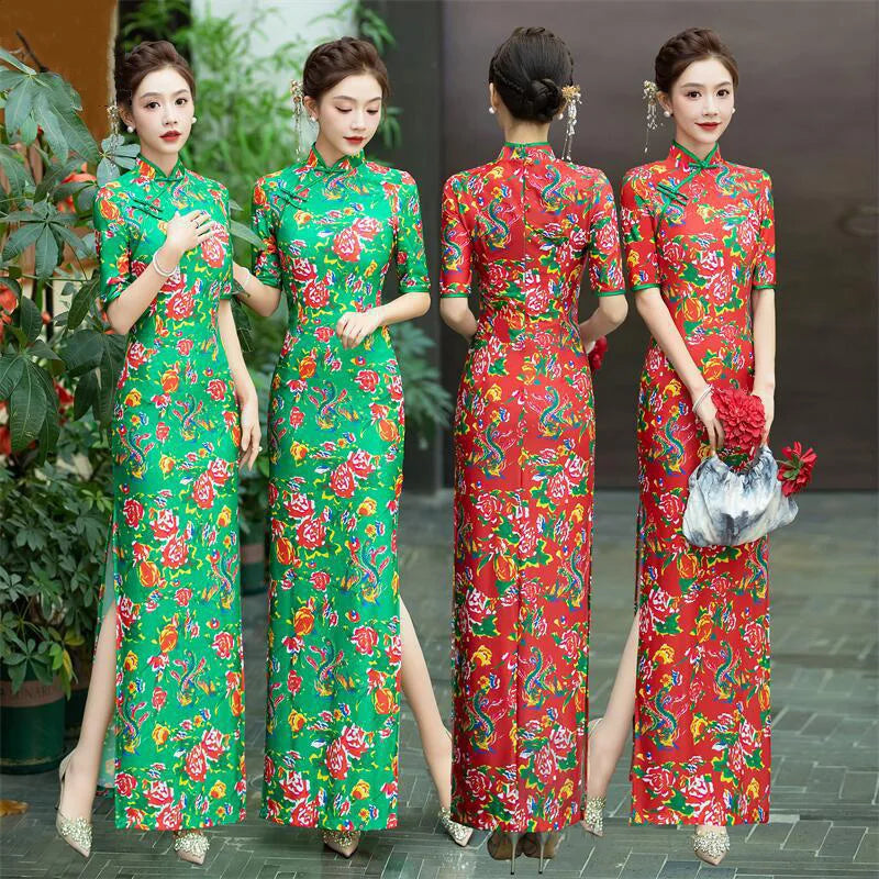 Women Red Floral New Chinese Style Cheongsam Slim Northeast Big Flower Long Dress Elegant High-Fashion Costumes Plus Size Qipao