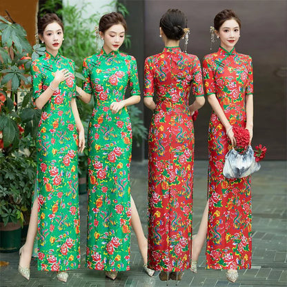 Women Red Floral New Chinese Style Cheongsam Slim Northeast Big Flower Long Dress Elegant High-Fashion Costumes Plus Size Qipao