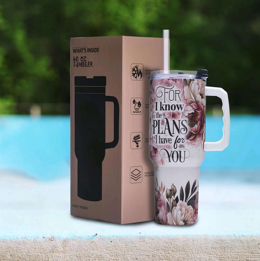40Oz Stainless Steel Tumbler With Floral Print And Encouragement Quote, Vacuum Insulated, Wide Mouth And Handle, Gift For Women